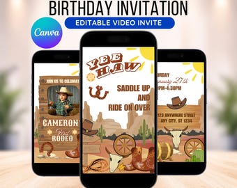 Editable Cowboy First Rodeo Birthday Video Animated Invitation  (Canva Template, Downloadable Invite)