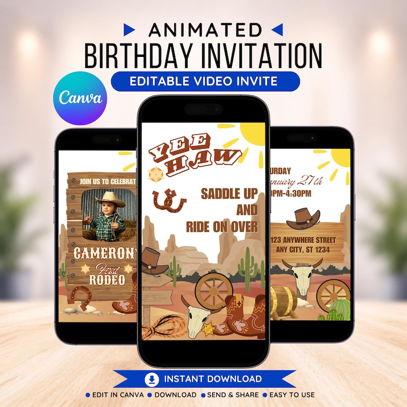 Editable Cowboy First Rodeo Birthday Video Animated Invitation (canva ...