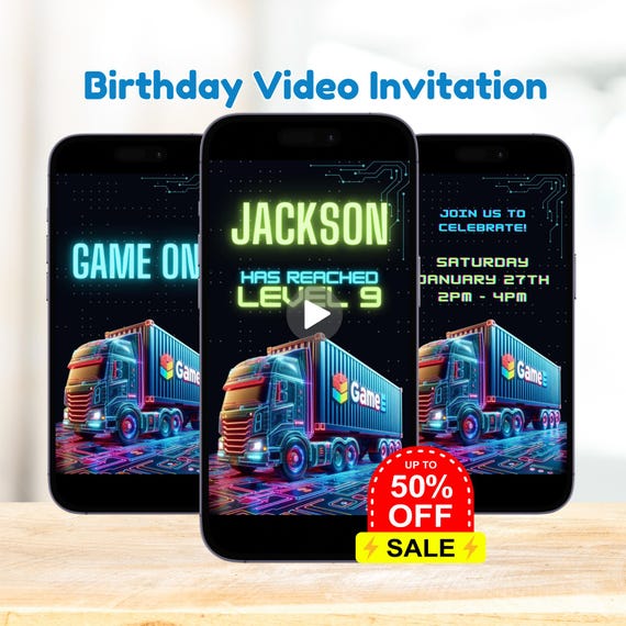 Video Game Truck Birthday Invitation: Animated Gaming Invite  (Canva Template, Downloadable Invite)