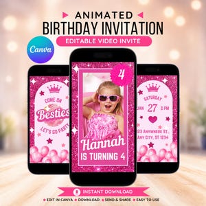 May include: Animated birthday invitation displayed on three smartphones. The invitation features a photo of a girl wearing sunglasses, the text "Hannah is turning 4," and party details. The design is pink with glitter accents and includes the Canva logo.