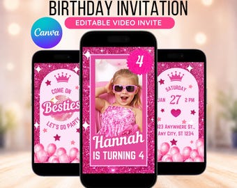 Fashion Doll Invite Birthday Video, Pink Doll Birthday Video Invitation, Pink Sparkle Animated Invite, Doll Theme Party, Pink Glitter Invite