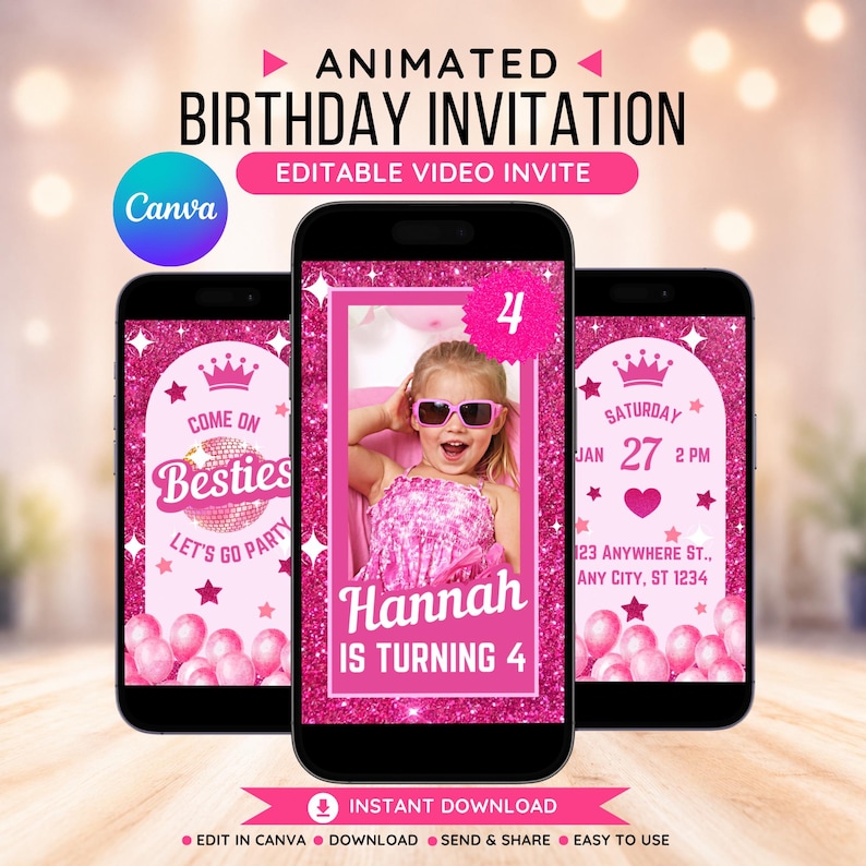 May include: Animated birthday invitation displayed on three smartphones. The invitation features a photo of a girl wearing sunglasses, the text "Hannah is turning 4," and party details. The design is pink with glitter accents and includes the Canva logo.
