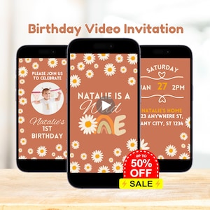 Invitation vidéo modifiable d'anniversaire bohème de marguerite, modèle de toile d'invitation animée d'anniversaire de thème de marguerite