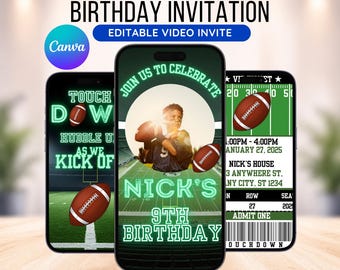 Puede incluir: Invitación de cumpleaños animada con tres smartphones. El diseño presenta un tema de fútbol con un joven sosteniendo balones, el texto "Nick's 9th Birthday" y detalles del evento. La invitación es editable y de descarga instantánea.