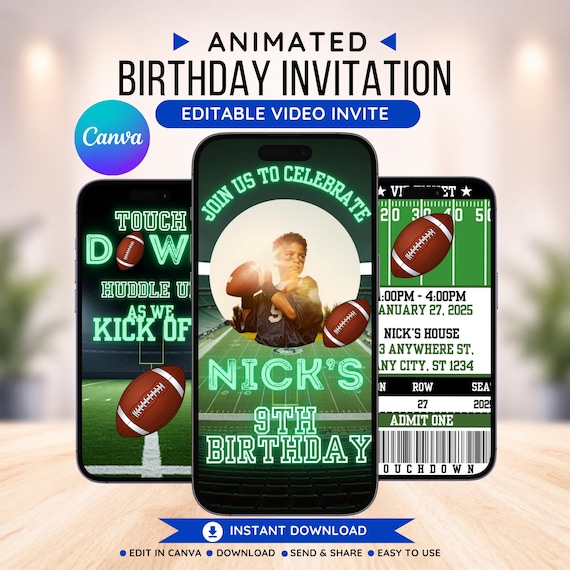 Football Invitation, Football Birthday Party Invitation, Boys Birthday Invite, Animated Invite, Video Invitation, Editable Canva Template