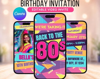 Editable Back to the 80s Invite, 80s Birthday Invite, 80s Party Invitation, 80s Theme, Throwback Party, Animated Invite, Downloadable Invite