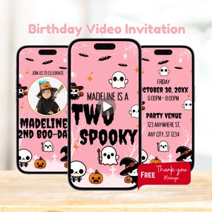 Editable Two Spooky 2nd Birthday Animated Invitation: Pink Ghost Halloween Second Birthday Party Canva
