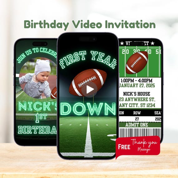 First Year Down Birthday, Football First Birthday, Football Invitation, Football Party, Boy First Birthday Animated Invite, Video Invitation