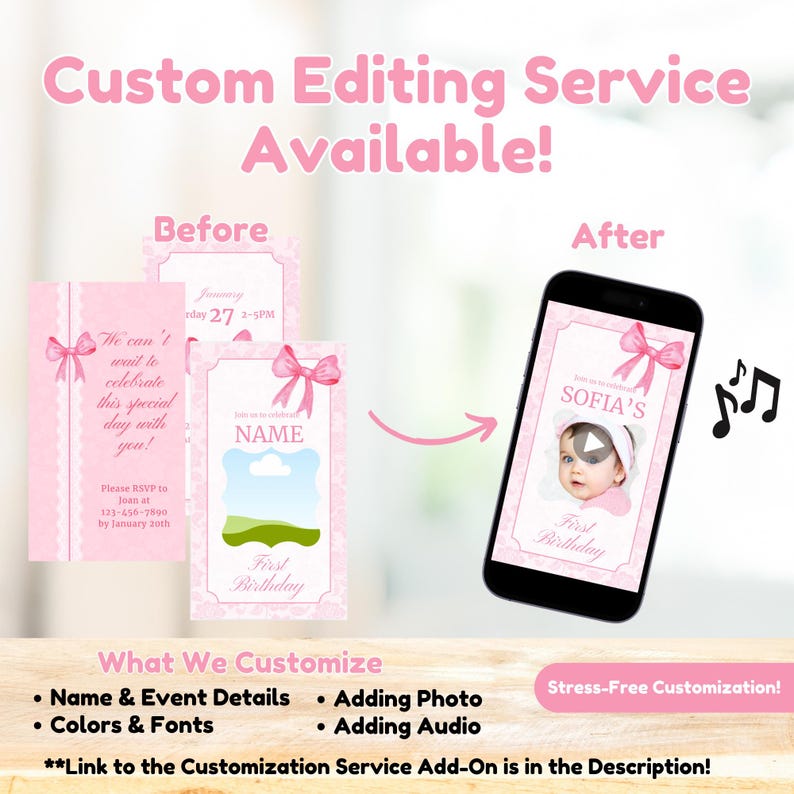 Pink Coquette Bow, Coquette Invitation, Coquette Birthday, Bow Invite First Birthday, Girl 1st Birthday, Animated Birthday, Video Invitation- Customization Service Add-on