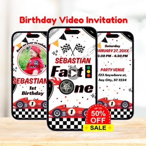Bearbeitbare Fast One Geburtstags-Video-Einladung, rote Rennwagen-Thema-Geburtstagsfeier animierte Einladung, Junge 1. Geburtstagseinladungs-Vorlage