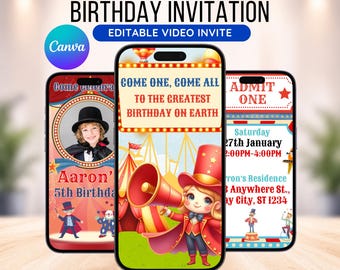 Editable Circus Birthday Video Invitation Template, Circus Animated Invite, Carnival Invitation, Kids Birthday Invitation, Circus Party
