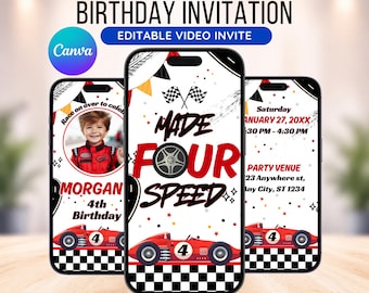 Editable Made Four Speed Birthday Video Invitation, Race Car 4th Birthday Animated Invite, Boy Invite, Canva Template, Downloadable Invite