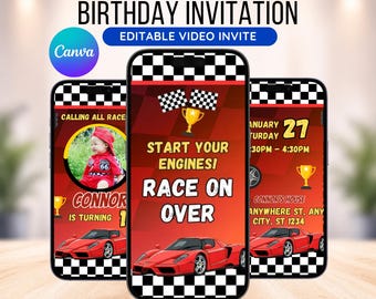 May include: Animated birthday invitation displayed on three smartphones. The design features a red race car theme with the text "Start Your Engines! Race On Over." Includes event details and a photo of a child in a race car outfit.