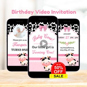 Invitación de vaca sagrada, estampado de vaca, vaca rosa, vaca linda, cumpleaños de vaca, primer cumpleaños, primer cumpleaños de niña, invitación animada, invitación en video Canva