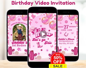 Editable My First Rodeo Birthday Video Invitation, Let&#39;s Go Girls Cowgirl Animated Invite, Girl 1st Birthday Invitation, Wild West Invite