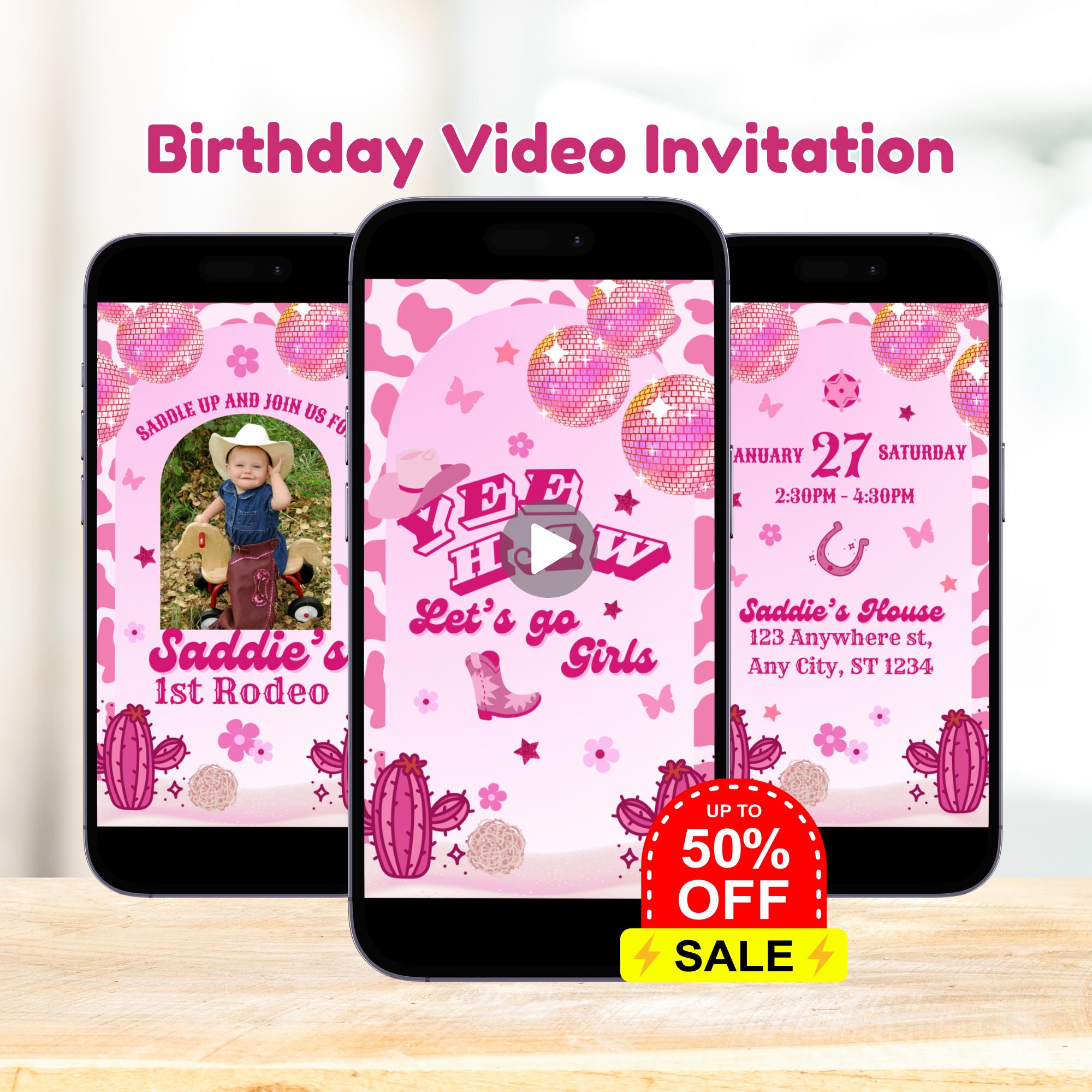 First Rodeo Birthday, Let's Go Girls, Cowgirl Invitation, Pink First Birthday, Girl First Birthday, Animated Invite, Video Invitation, Canva