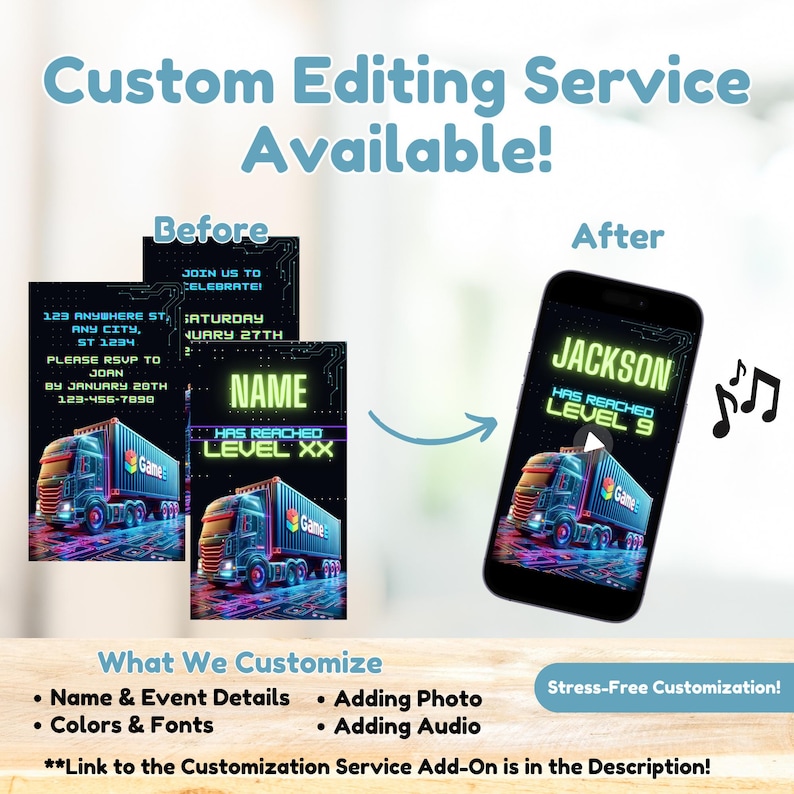 Editable Video Game Truck Birthday Party Invitation, Video Game Animated Invite, Boy Gaming Invitation, Video Game Invitation Canva Template- Customization Service Add-on
