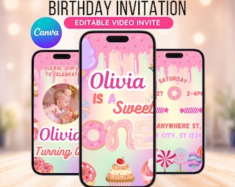 Editable Candy land Birthday Video Invitation, Candy Theme 1st Birthday Party Animated Invite, Girl First Birthday Digital Invitation, Canva