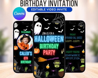Op de afbeelding: Drie smartphones tonen een Halloween-verjaardagsuitnodiging. De uitnodiging toont een kind in heksenkostuum, pompoenen, geesten, vleermuizen en de tekst "Halloween Birthday Party". De uitnodiging bevat feestdetails en het Canva-logo.