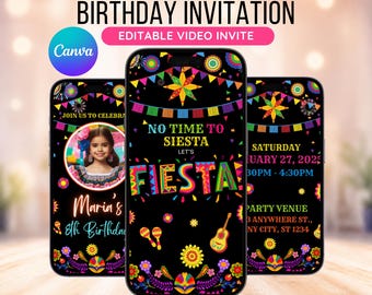 Invitación editable para fiesta de cumpleaños con temática mexicana, invitación de cumpleaños con papel picado, invitación descargable, invitación animada, plantilla de Canva