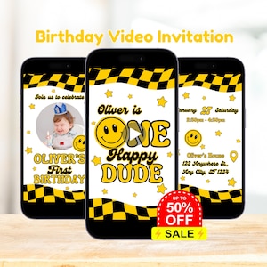 One Happy Dude, Birthday Video Invitation, Boys First Birthday, Animated Invite, Happy Dude, Cool Dude, Smile Face Birthday, Smile Face Part