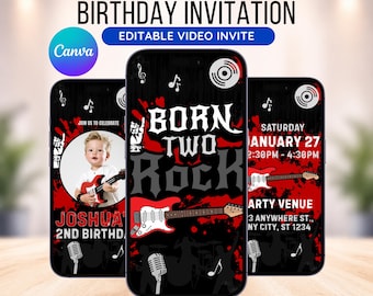 Pode incluir: Convite de aniversário animado em uma tela de smartphone. O design apresenta um esquema de cores preto e vermelho com notas musicais, microfones e uma guitarra. O texto diz "Born Two Rock" e inclui detalhes da festa.