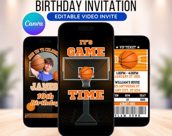 Invitation vidéo animée modifiable d'anniversaire de basket-ball : invitation de billet de basket-ball (modèle de toile)