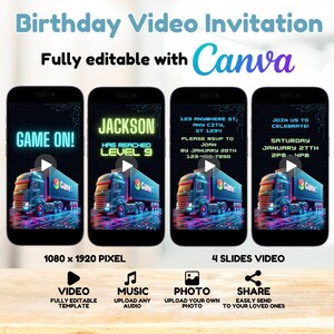 Editable Video Game Truck Birthday Party Invitation, Video Game Animated Invite, Boy Gaming Invitation, Video Game Invitation Canva Template - Fully Editable with Canva. Upload Audio, Add your own photo, Share with your loved ones