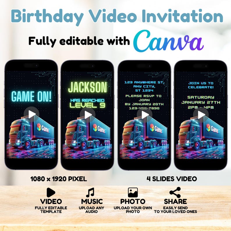 Editable Video Game Truck Birthday Party Invitation, Video Game Animated Invite, Boy Gaming Invitation, Video Game Invitation Canva Template - Fully Editable with Canva. Upload Audio, Add your own photo, Share with your loved ones