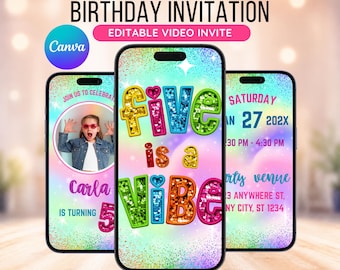 Five is a Vibe Invite, invito animato per il quinto compleanno arcobaleno: modello Canva modificabile (download digitale)