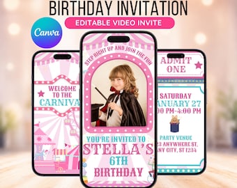 Op de afbeelding: Geanimeerde verjaardagsuitnodiging op drie smartphones. De uitnodiging toont een kind verkleed als goochelaar, carnaval-thema graphics en de tekst "Stella's 6e verjaardag". Bevat de tekst "Direct downloaden" en "Bewerken in Canva".