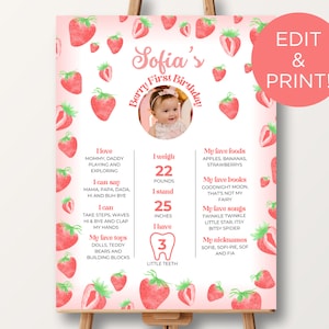 Modèle MODIFIABLE de jalon de premier anniversaire de baies, panneau de 1er anniversaire de fraise, panneau modifiable de jalons de baies, affiche de 1er anniversaire de fille