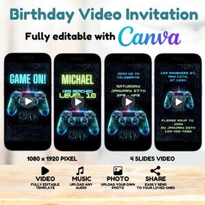 Editable Video Game Birthday Invitation, Gaming Invitation, Video Game Invitation, Kids Invitation, Video Invitation, Animated Invite, Canva - Fully Editable with Canva. Upload Audio, Add your own photo, Share with your loved ones
