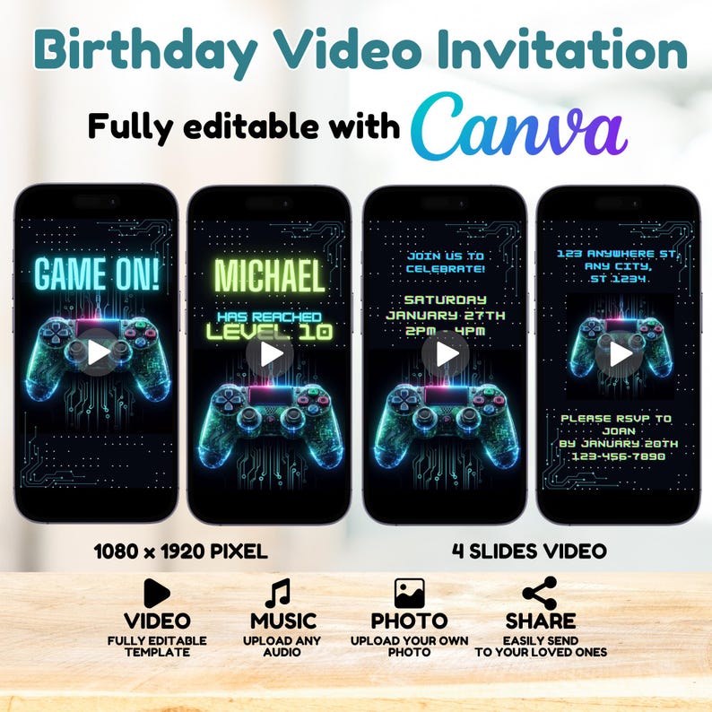 Editable Video Game Birthday Invitation, Gaming Invitation, Video Game Invitation, Kids Invitation, Video Invitation, Animated Invite, Canva - Fully Editable with Canva. Upload Audio, Add your own photo, Share with your loved ones