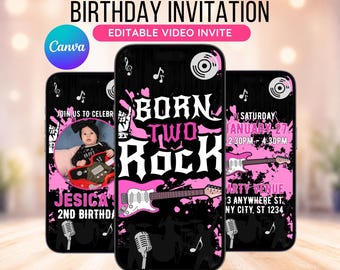 Pode incluir: Convite de aniversário animado em três smartphones. O design apresenta um fundo preto com detalhes em rosa, notas musicais e o texto "Born Two Rock". Inclui uma foto de um bebê com uma guitarra. O convite é editável.