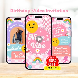 Editable Nine is a Vibe Birthday Video Invitation, Groovy Retro Birthday, Checkered Smile Face, Girl 9th Birthday Template, Animated Invite