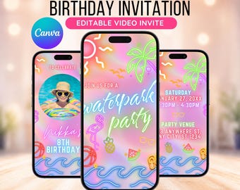 Può includere: Invito di compleanno animato su tre smartphone. Il design presenta un tema parco acquatico in stile neon con testo e grafica. L'invito include il testo "waterpark party" e "8th birthday". Il logo Canva è visibile.