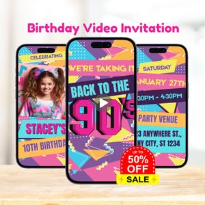 Editable Back to the 90s Birthday Party Animated Invitation: Downloadable Canva Template
