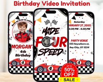Invitación en video editable de auto de carreras para 4.º cumpleaños, invitación animada para niño (plantilla de Canva)