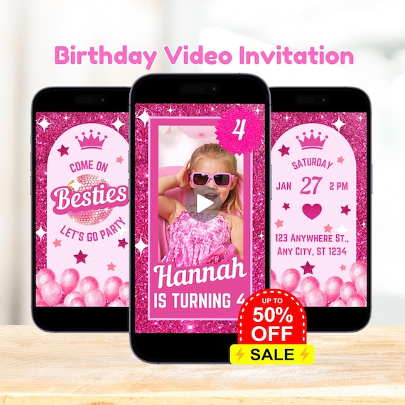Fashion Doll Invite Birthday Video, Pink Doll Birthday Video Invitation, Pink Sparkle Animated Invite, Doll Theme Party, Pink Glitter Invite