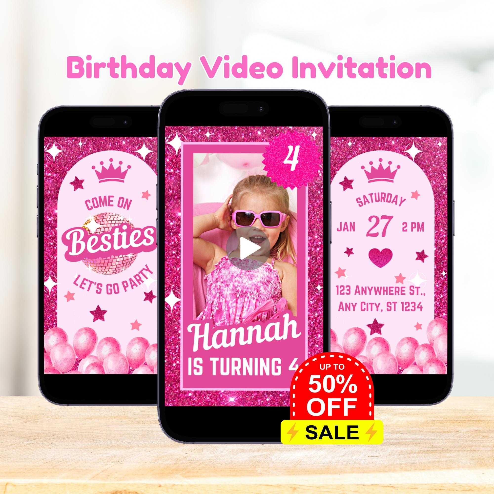 Fashion Doll Invite Birthday Video, Pink Doll Birthday Video Invitation, Pink Sparkle Animated Invite, Doll Theme Party, Pink Glitter Invite