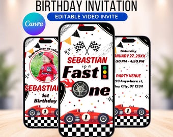 Editable Race Car 1st Birthday Animated Video Invitation: Canva Template, Downloadable Invite
