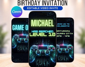 Invitation vidéo d'anniversaire de jeu modifiable : invitation animée à une fête de joueur (modèle canva, invitation téléchargeable)