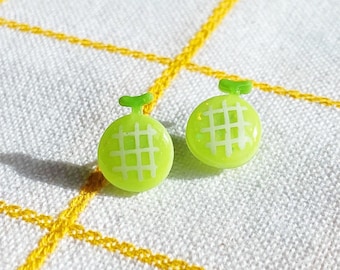 japanese melon earrings, musk melon, cantaloupe glitter resin fruit earring studs! stainless steel posts OR clip ons