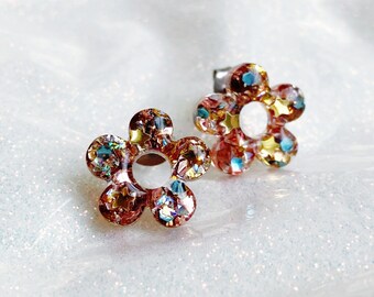 dreamy glitter flower earrings, glitter mix with stars flower studs