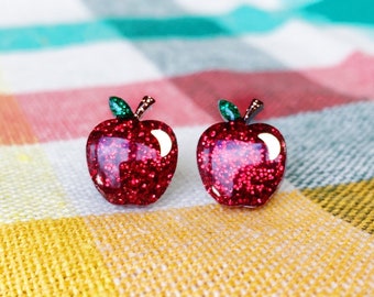 apple earrings, red apple glitter fruit earring studs! stainless steel posts OR clip ons