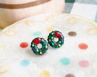 christmas wreath earrings, holiday resin earring studs