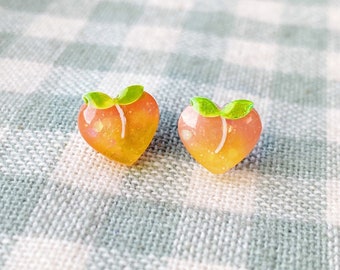 sweet peach earrings, pink orange peach iridescent glitter resin fruit earring studs! stainless steel posts OR clip ons