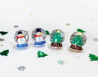 snow globe earrings, choose snowman or christmas tree studs! stainless steel posts OR clip ons