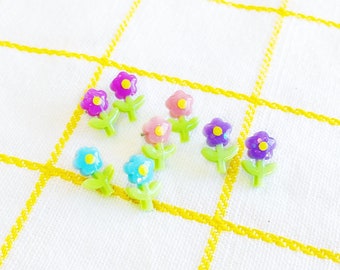 flowers with stem resin glitter earrings, choose from purple, pink, blue, or magenta. stainless steel posts OR clip ons